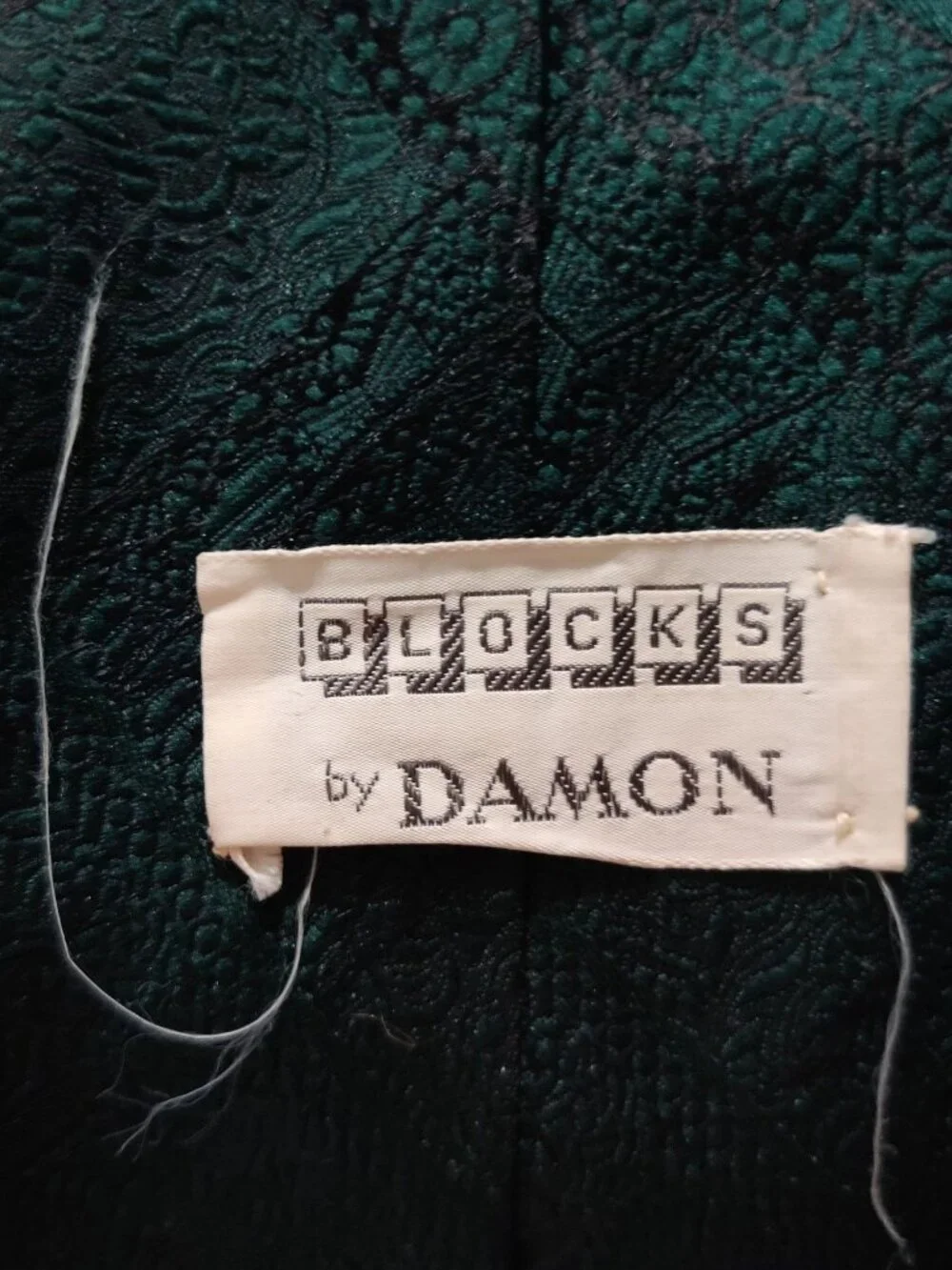 Blocks by Damon Necktie Deep Green Black Ornamental Woven Vintage Union Made USA